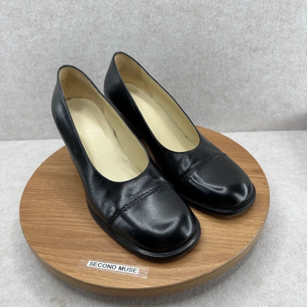 J.Crew Pumps Sz 9 Black Leather‎ Square Toe Block Heel Italy Classic Minimalist